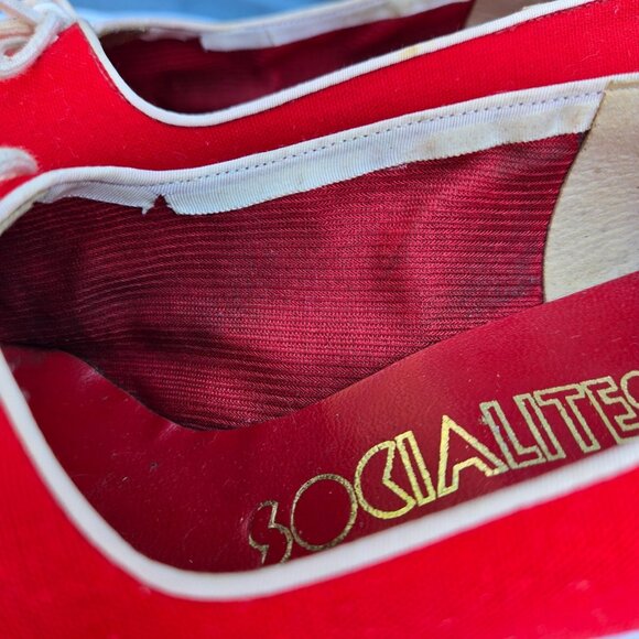 Vintage Socialites Spectator Heels Pumps Size 8 Red White 70s Does 40s Lace Up - Picture 7 of 11